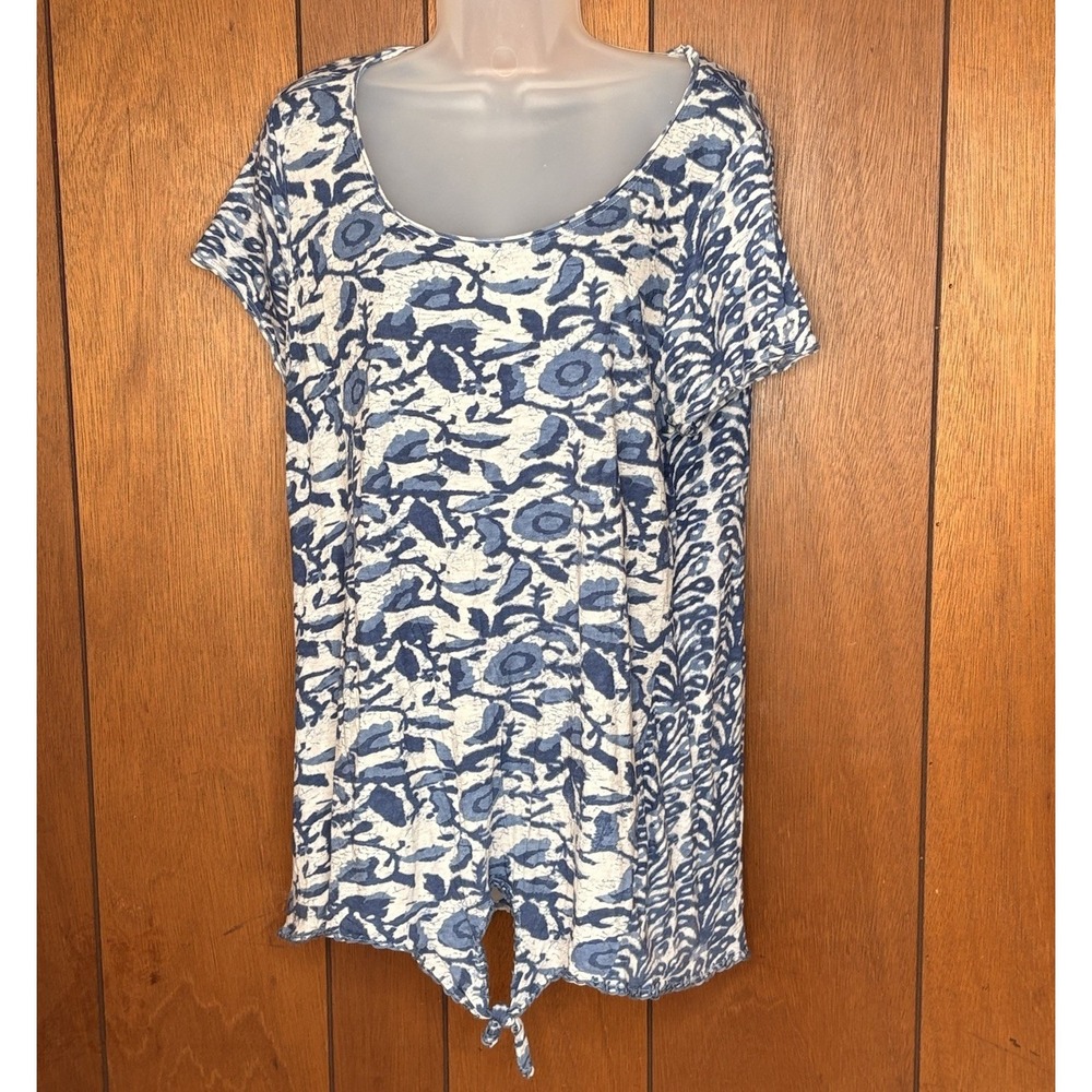 Lucky Brand Top Women 1X Blue White Floral Boho Cottagecore Tie Front Artsy Work
